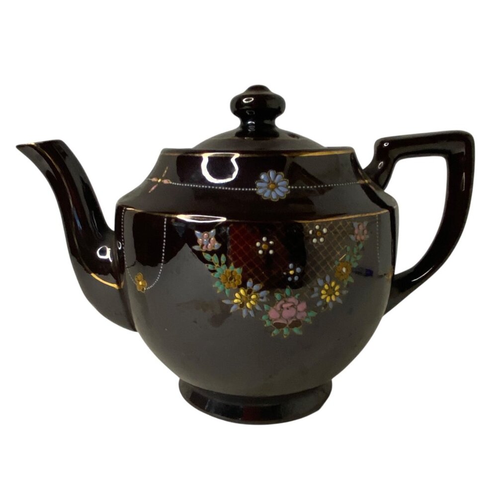 Vintage 1940's Glossy Brown Ceramic Teapot Moriage Painted Flower Made‎ in Japan